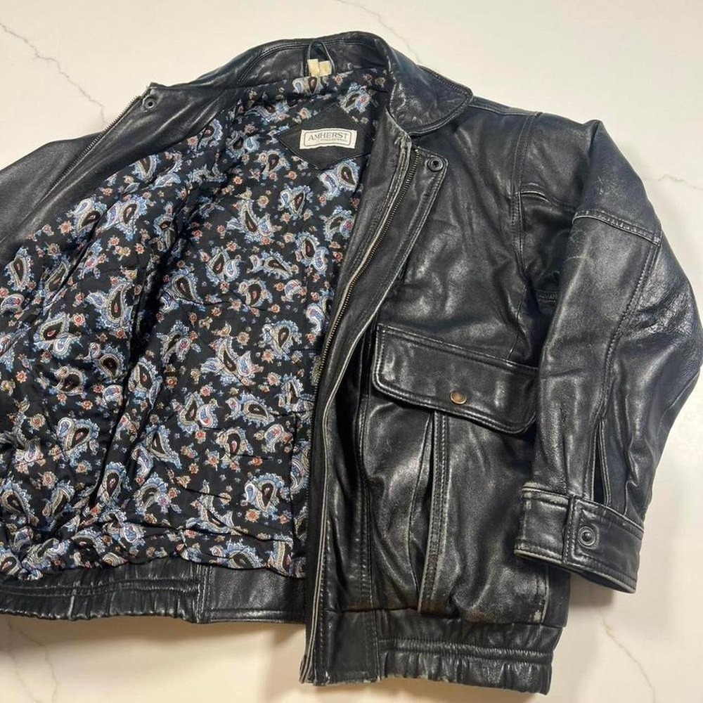 Amherst Collection Leather Bomber Jacket Mens Black Paisley Lined Vintage Style